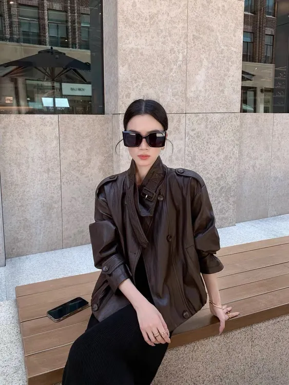 2025港风棕色立领气质显瘦PU皮衣女秋宽松休闲皮外套8735