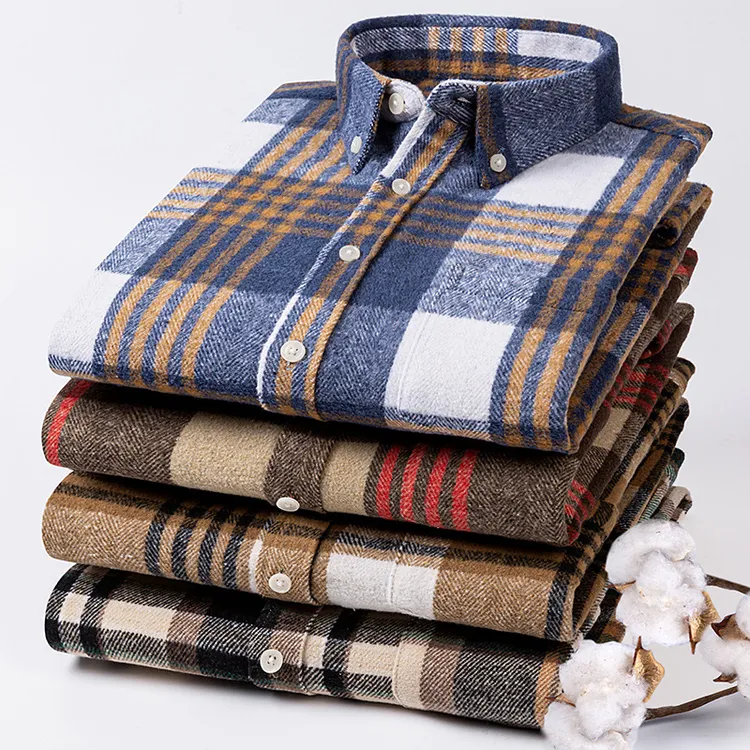 春秋新款棉水洗磨毛复古美拉德风衬衫男士长袖格纹高档上衣休闲