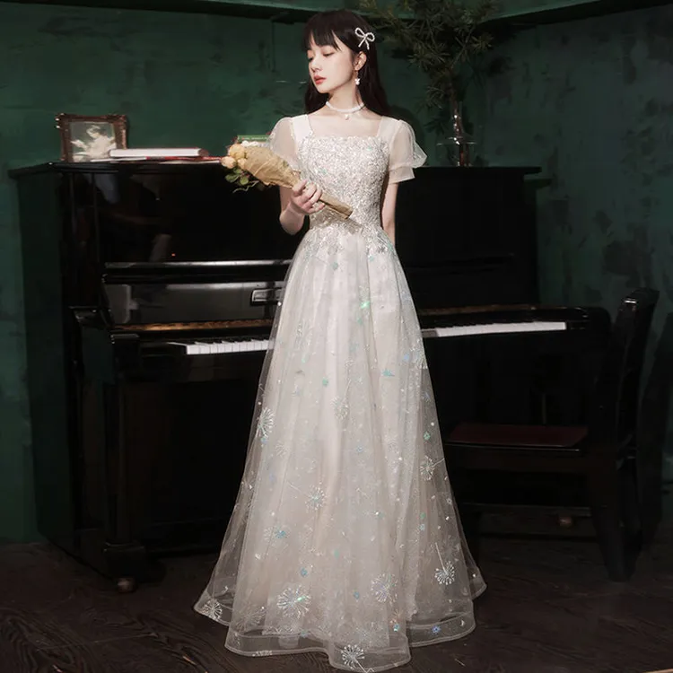 气质晚礼服2025新款春夏短袖长款亮片连衣裙女简约大气学生晚礼服