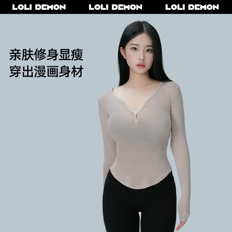 LOLIDEMON美人无骨打底衫圆领纽扣T恤百搭漫画身材F码2条装QC