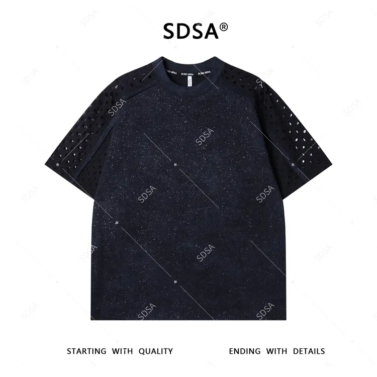 夏季高级感新款男士美式满天星拼接镂空设计短袖T恤时尚圆领上衣