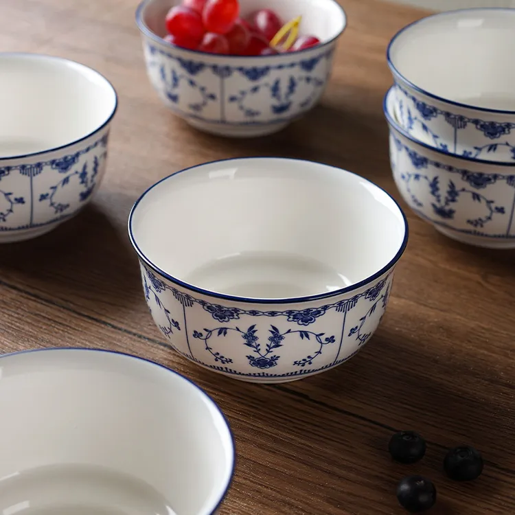 瓷县令5.25英寸跹枝碗釉下彩中式商用家用丽宴碗6只装陶瓷饭碗