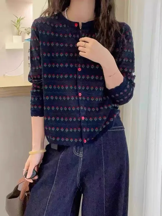 法式时尚复古提花设计感针织开衫女2025秋季小众高级显瘦减龄上衣