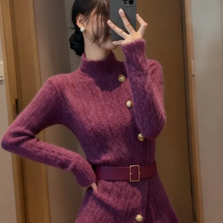 法式优雅紫色半高领轻熟针织毛衣女秋冬新款小众洋气显瘦套头上衣