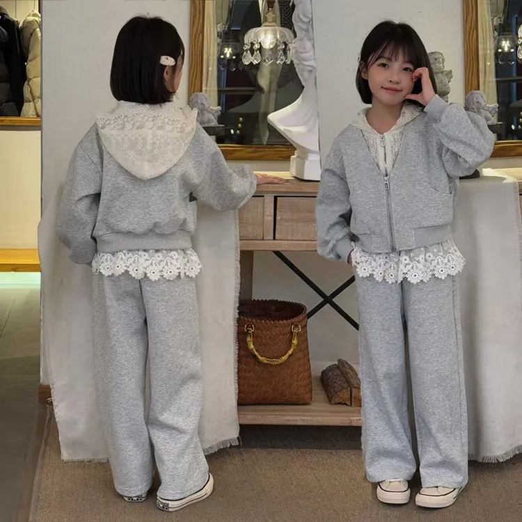 女童2025春季新款韩版洋气假两件套蕾丝上衣+裤子休闲运动套装