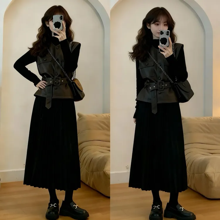 大码胖mm秋季新款女装时尚显瘦皮马甲+半高领压折长裙两件套套装