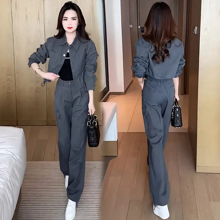 爆款减龄高级感时尚套装女2025春装穿搭牛仔工装外套阔腿裤两件套
