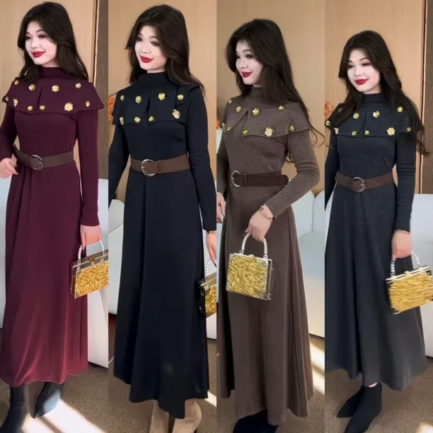 【Rayhon】复古麻花针织连衣裙配腰带秋冬新款气质显瘦高级感两件套