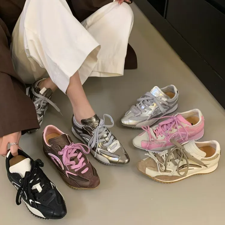 广真皮老爹鞋女2025春新款尖头百搭运动鞋女休闲厚底鞋时尚女鞋潮