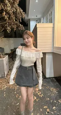【HuiHui】秋冬性感露肩拼接荷叶花边上衣长袖（L0170）