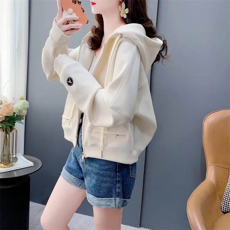 小个子短款卫衣女纯色拉链外套2025春秋新款洋气宽松休闲薄款上衣