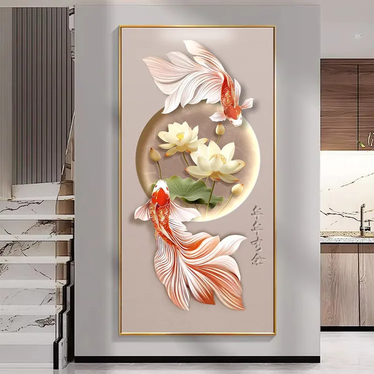 荷花锦鲤入户正对门玄关装饰画LED灯高端走廊过道挂画奶油风壁画