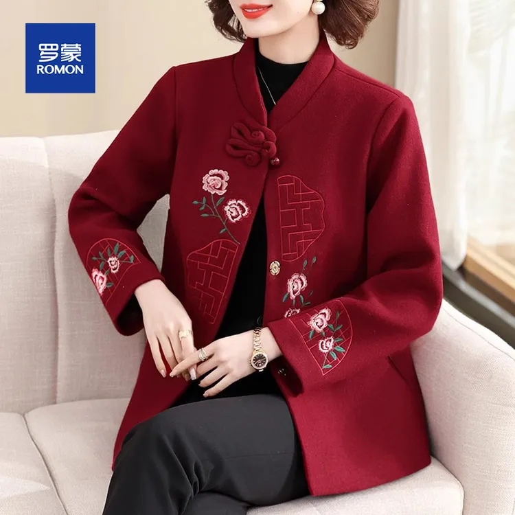 妈妈春秋毛呢外套洋气中老年女装喜婆婆秋冬呢子大衣中年礼服上衣