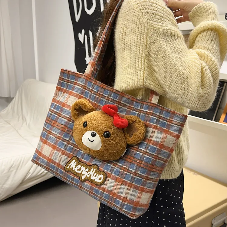 韩国ins可爱小熊单肩包女 新款秋冬复古格子托特包大学生上课包包