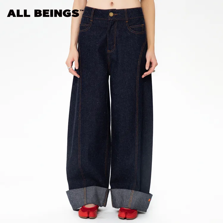 ALL BEINGS25AW设计师新款宽松休闲翻边靛蓝牛仔百搭弯刀裤女