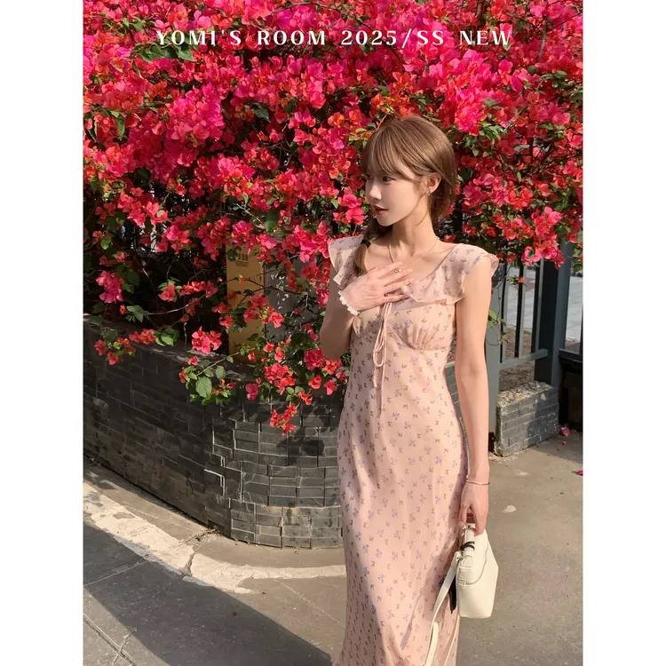 YOMI小个子【春日花颜】粉色碎花连衣裙夏日度假旅游显瘦显白裙子