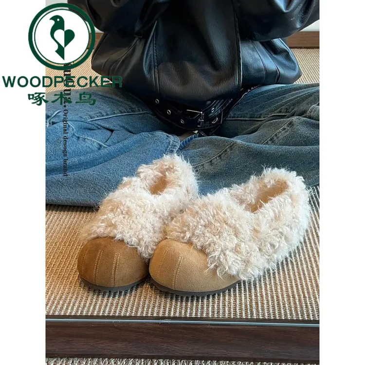 啄木鸟小个子内增高勃肯鞋女2025新款冬季加绒保暖一脚蹬毛毛鞋