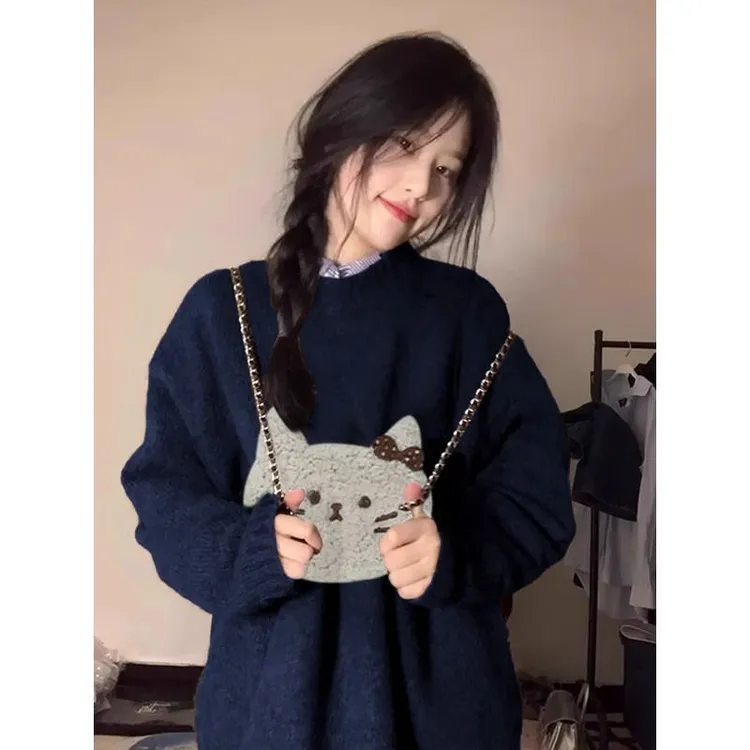 藏青色卡通猫咪圆领毛衣秋冬季男女款韩系软糯宽松百搭针织衫上衣