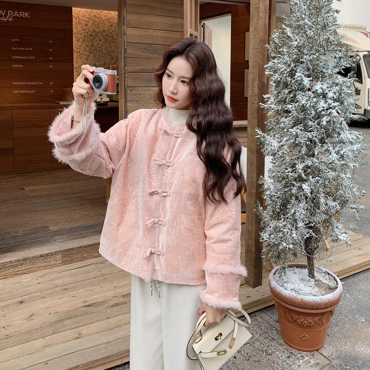 国风粉色水貂绒拼接提花羽绒服女2025冬季新款设计感慵懒保暖外套