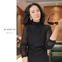 JIUER微透薄纱烫钻半高领长袖T恤 洋气时尚百搭薄款27971