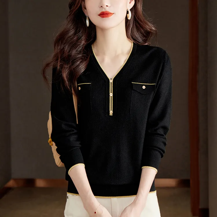 大码小香风上衣女宽松显瘦V领上衣百搭洋气薄款春秋装针织打底衫