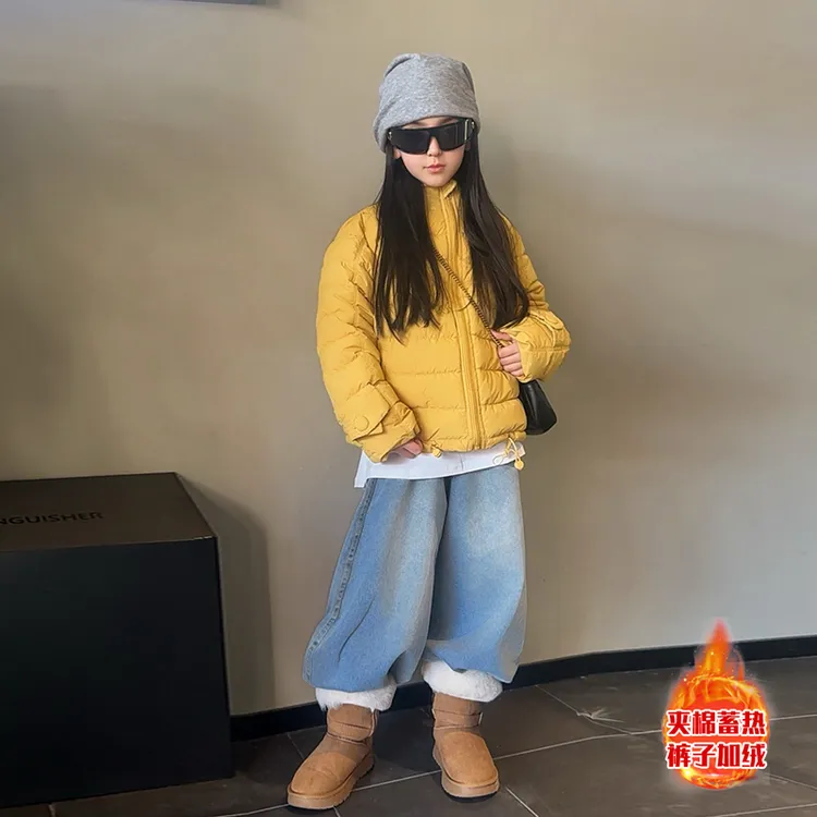 女童套装时尚百搭加厚保暖排骨棉服加绒牛仔裤两件套2025冬中大童