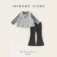 INSbobo女童秋季套装木耳边打底衫小花毛衣背心条纹打底裤QT25325