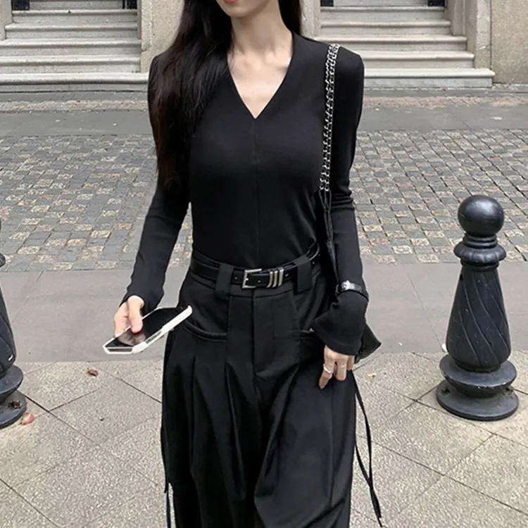 黑色V领开叉长袖打底衫女秋德绒纯欲设计感小众内搭T恤上衣少女