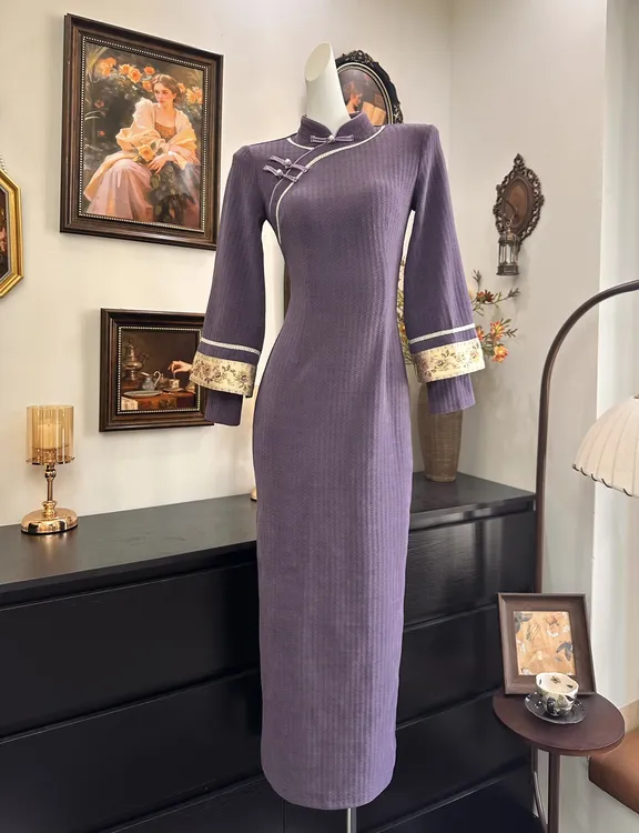 【紫兰袖】紫气东来新中式刺绣单旗袍冬款冬季旗袍时尚ins秋冬气质