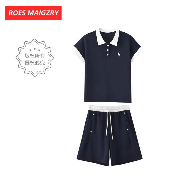 ROES MAIGZRY2025夏款POLO领系扣撞色短裤套装显瘦遮肉时尚休闲