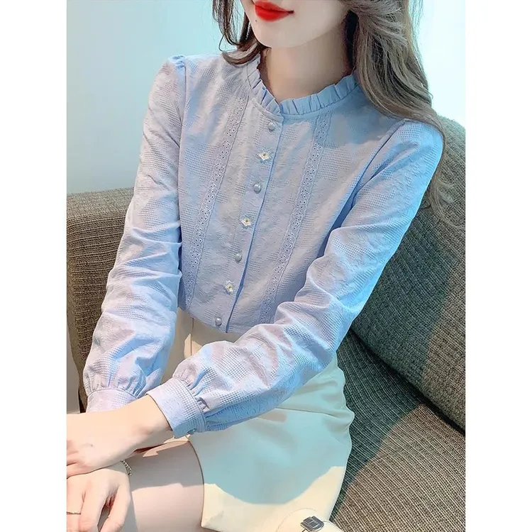 2025春秋新款木耳边立领纯棉衬衫女长袖刺绣花朵洋气衬衣棉麻上衣