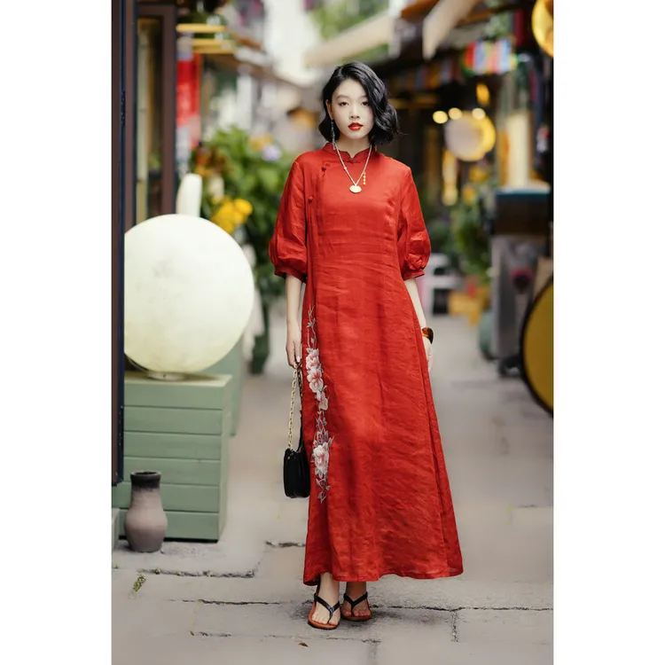 羊在在【风华】文艺刺绣绣花中式连衣裙洋气民族风LYQ25YL1245