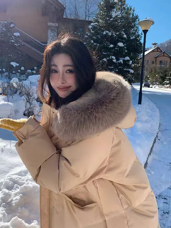 新款羽绒服女真狐狸毛领中长款连帽加厚白鸭绒大码显瘦保暖外套冬