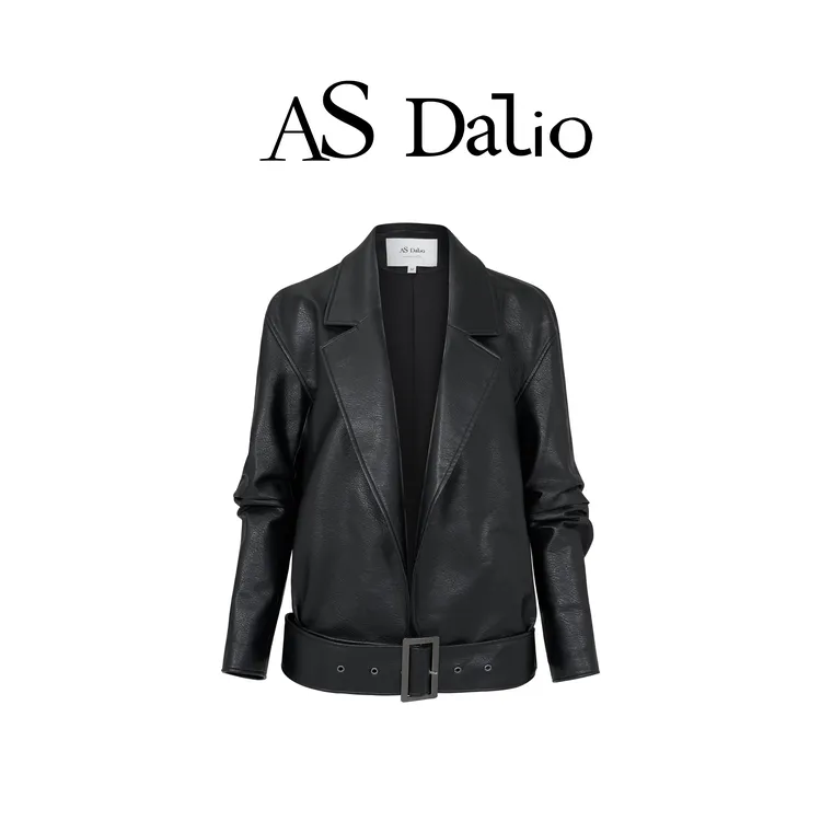 AS DALIO黑色立体捏褶袖廓形粗纹皮衣夹克