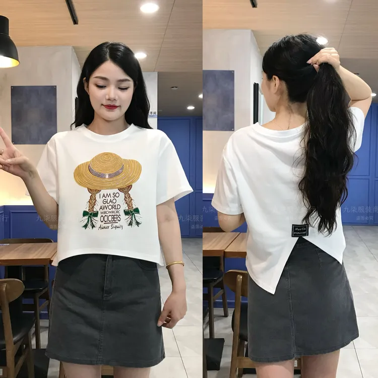 帽子印花圆领短袖T恤女夏季2025新款韩版宽松时尚小个子减龄上衣