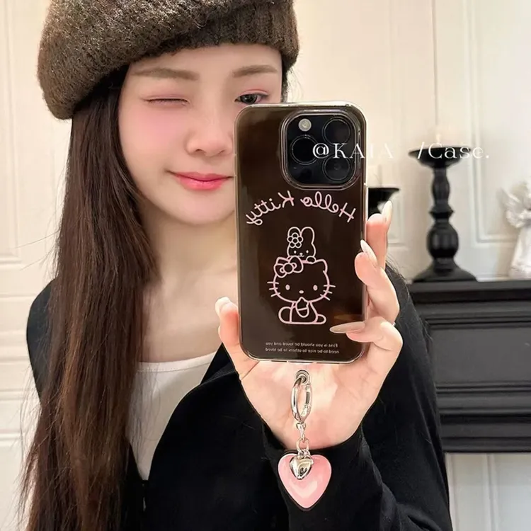 卡通深棕色简约爱心哈喽kt适用苹果17promax手机壳15苹果16手机壳