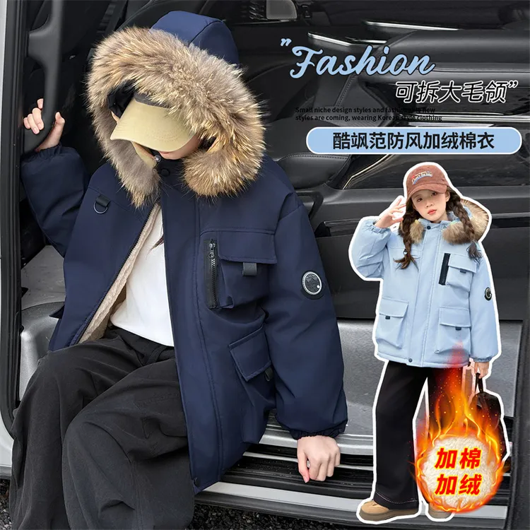 女童冬季加绒加厚大毛领派克服棉服中大童女孩网红保暖棉袄棉衣潮