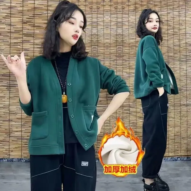 休闲中长款V领老钱风厚款轻职风卫衣女装上衣开衫气质时尚百搭