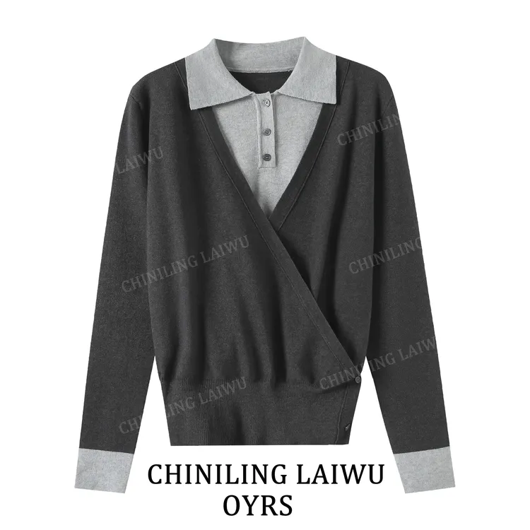 polo领秋季女常规款套头款拼色毛针织衫套头假两件针织衫9-17AO