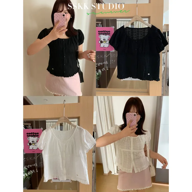 KMZY/KMZY山_山【韩高欧尼】微胖女装韩系减龄修身镂空设计短袖衬衫