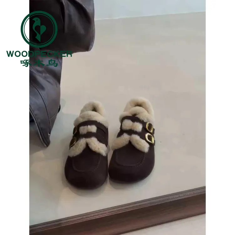 啄木鸟加绒单鞋女2025秋冬新款复古磨砂保暖毛毛棉鞋百搭包头拖女