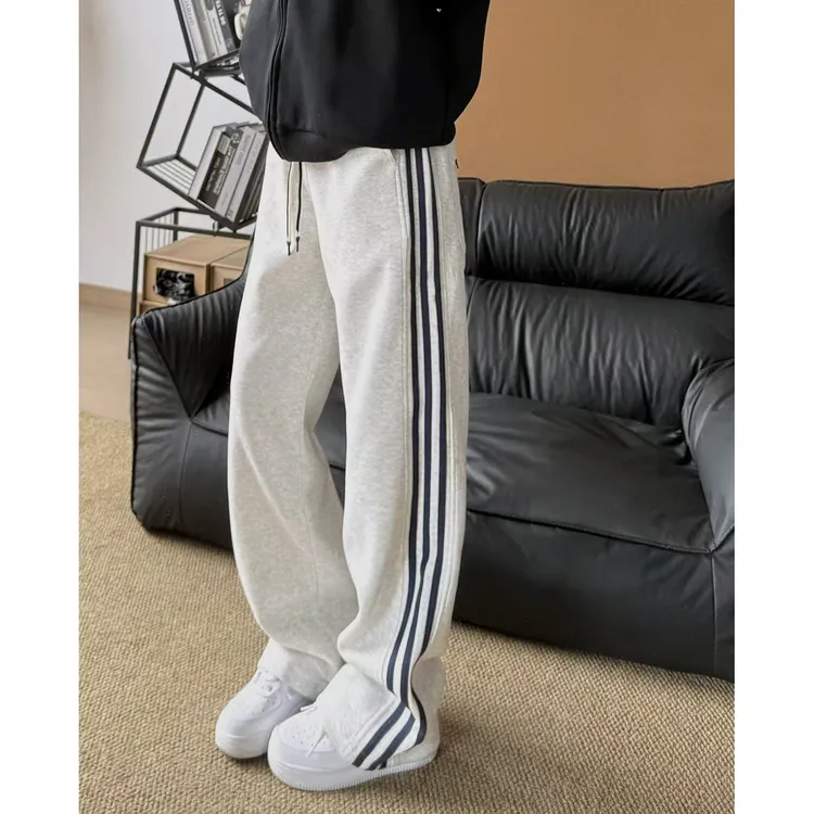 美式复古条纹卫裤男高街新款休闲直筒裤子运动秋冬季加绒加厚长裤