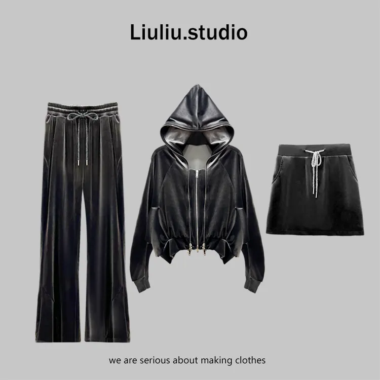 LiuLiu定制【奢感高贵】设计师欧美宽松连帽丝绒外套+显瘦长裤套装