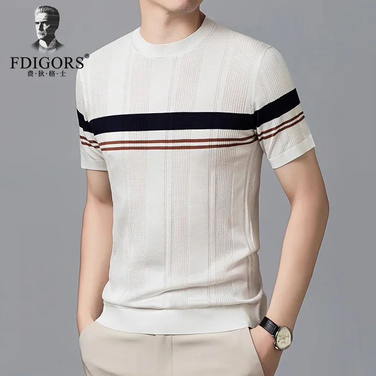 t恤男天丝针织短袖夏季凉感桑蚕丝条纹圆领上衣