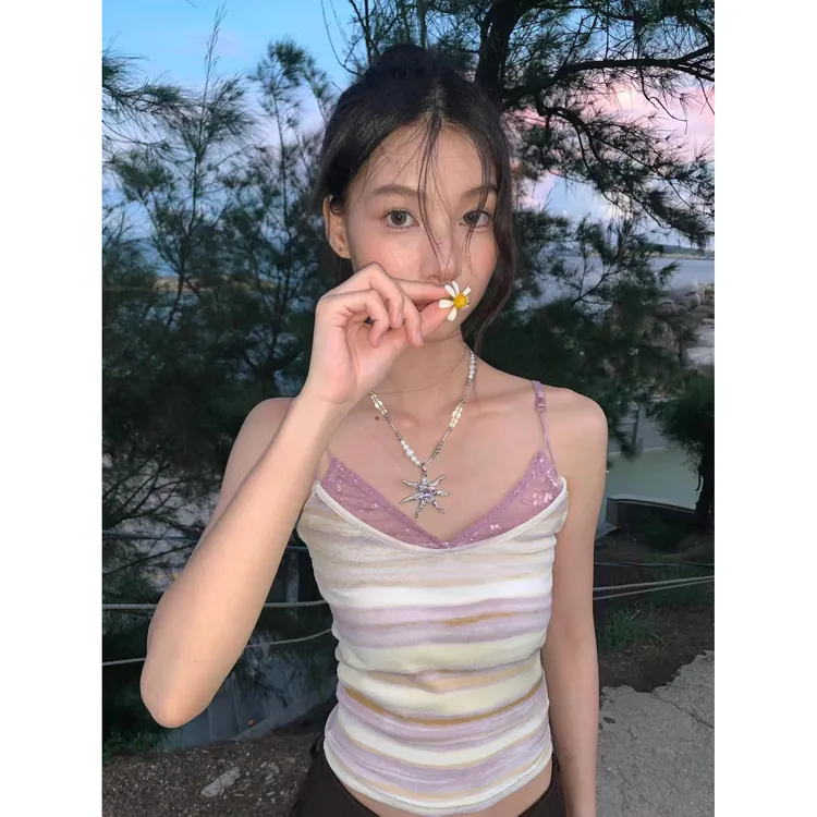 韩系甜辣风蕾丝假两件条纹吊带背心女夏季纯欲bm甜美短款绝美上衣