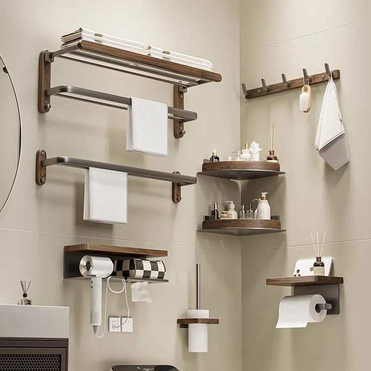 日本浴室免打孔毛巾架高端胡桃木枪灰色卫生间毛巾架置物架子