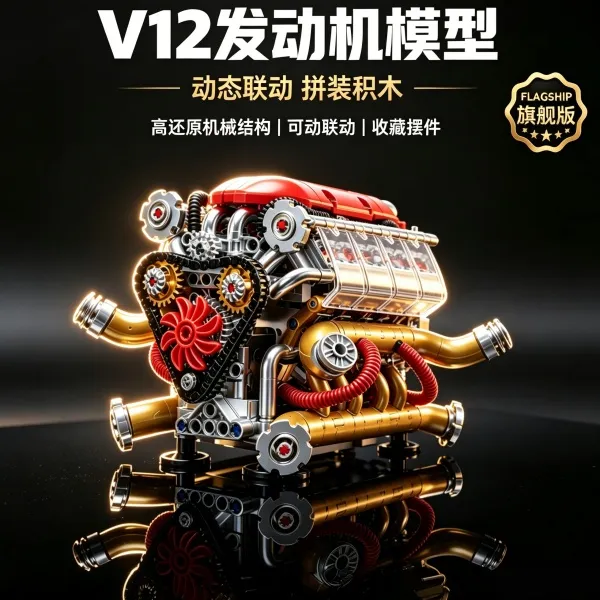 正版】电动V8发动机积木活塞可联动成人高难拼装男生生日礼物摆件