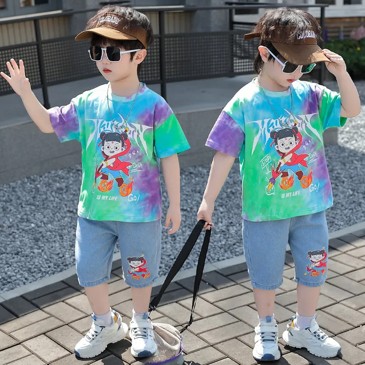 哪吒儿童短袖套装男童发光带亮灯衣服男孩夏装t恤牛仔短裤两件套