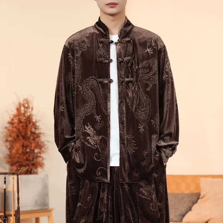 咖啡色唐装茶服男秋冬季高级感金丝绒外套中国风龙纹提花宽松汉服