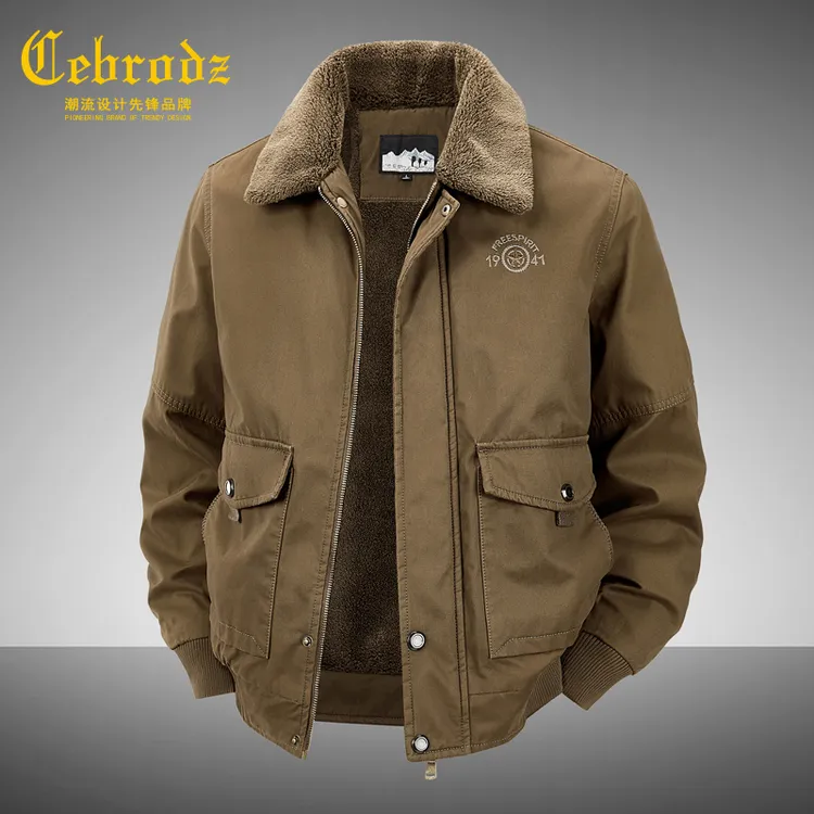 法国Cebrodz秋冬季加绒棉衣男加厚保暖外套中老年翻领工装棉服男
